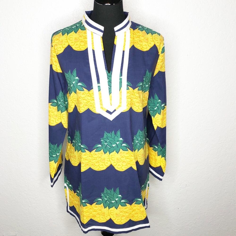 Tracy Negoshian Abby Pineapple Stripes navy yellow tunic top size Medium NWT
